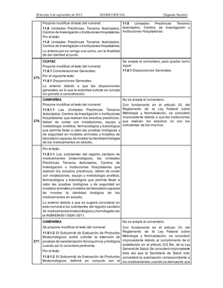 Miércoles 4 de septiembre de 2013 DIARIO OFICIAL (Segunda Sección)
Propone modificar el texto del numeral:
11.8 Unidades Preclínicas, Terceros Autorizados,
Centros de Investigación o Instituciones Hospitalarias.
Por el texto:
11.8 Unidades Preclínicas Terceros Autorizados,
Centros de Investigación o Instituciones Hospitalarias.
Lo anterior por se corrige una coma, con la finalidad
de dar claridad al punto.
11.8 Unidades Preclínicas Terceros
Autorizados, Centros de Investigación o
Instituciones Hospitalarias.
275.
CCAYAC
Propone modificar el texto del numeral:
11.8.1 Consideraciones Generales.
Por el siguiente texto:
11.8.1 Disposiciones Generales.
Lo anterior debido a que las disposiciones
generales,es lo que la autoridad solicita se cumpla
sin ponerlo a consideración.
Se acepta el comentario, para quedar como
sigue:
11.8.1 Disposiciones Generales.
276.
CANIFARMA
Propone modificar el texto del numeral:
11.8.1.1 Las Unidades Preclínicas Terceros
Autorizados, Centros de Investigación o Instituciones
Hospitalarias que realicen los estudios preclínicos,
deben de contar con instalaciones, equipo y
metodología analítica, farmacológica y toxicológica
que permita llevar a cabo las pruebas biológicas y
de seguridad en modelos animales y modelos de
laboratorio capaces de mostrar la identidad biológica
de los medicamentos en estudio.
No se acepta el comentario.
Con fundamento en el artículo 33, del
Reglamento de la Ley Federal sobre
Metrología y Normalización, se consideró
improcedente debido a que las instituciones
que realicen los estudios no son los
solicitantes de los mismos.
Por el texto:
11.8.1.1 Los solicitantes del registro sanitario de
medicamentos biotecnológicos, las Unidades
Preclínicas Terceros Autorizados, Centros de
Investigación o Instituciones Hospitalarias que
realicen los estudios preclínicos, deben de contar
con instalaciones, equipo y metodología analítica,
farmacológica y toxicológica que permita llevar a
cabo las pruebas biológicas y de seguridad en
modelos animales ymodelos de laboratorio capaces
de mostrar la identidad biológica de los
medicamentos en estudio.
Lo anterior debido a que se sugiere considerar en
este numeral a los solicitantes del registro sanitario
de medicamentos biotecnológicos y homologarlo con
la NOM-EM-001-SSA1-2011.
277.
CANIFARMA
Se propone modificar el texto del numeral:
11.8.1.2 El Subcomité de Evaluación de Productos
Biotecnológicos podrá solicitar la extensión de
pruebas de caracterización fisicoquímica y biológica
cuando así lo considere pertinente.
Por el texto:
11.8.1.2 El Subcomité de Evaluación de Productos
Biotecnológicos definirá en conjunto con el
No se acepta el comentario.
Con fundamento en el artículo 33, del
Reglamento de la Ley Federal sobre
Metrología y Normalización, se consideró
improcedente debido al cumplimiento de lo
establecido en el artículo 222 Bis, de la Ley
General de Salud.Se consideró improcedente
toda vez que la Secretaría de Salud sólo
concederá la autorización correspondiente a
los medicamentos,cuando se demuestre que
 