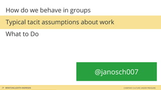 How do we behave in groups
Typical tacit assumptions about work
What to Do
BERATUNG JUDITH ANDRESEN COMPANY CULTURE UNDER PRESSURE29
@janosch007
 