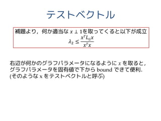 テストベクトル
右辺が何かのグラフパラメータになるように x を取ると，
グラフパラメータを固有値で下から bound できて便利．
(そのような x をテストベクトルと呼ぶ)
補題より，何か適当な 𝑥 ⊥ 1を取ってくると以下が成立
𝜆2 ≤
𝑥 𝑇 𝐿 𝐺 𝑥
𝑥 𝑇 𝑥
 