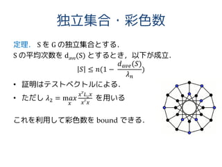 独立集合・彩色数
定理． S を G の独立集合とする．
S の平均次数を dave(S) とするとき，以下が成立．
𝑆 ≤ 𝑛(1 −
𝑑 𝑎𝑣𝑒(𝑆)
𝜆 𝑛
)
• 証明はテストベクトルによる．
• ただし 𝜆2 = m𝑎𝑥
𝑥
𝑥 𝑇
𝐿 𝐺
𝑥
𝑥 𝑇
𝑥
を用いる
これを利用して彩色数を bound できる．
 