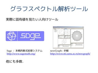 グラフスペクトル解析ツール
実際に固有値を見たい人向けツール
他にも多数．
Sage ： 本格的数式処理システム
http://www.sagemath.org/
newGraph : 手軽
http://www.mi.sanu.ac.rs/newgraph/
 