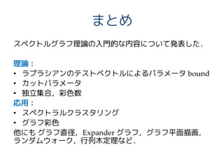 まとめ
スペクトルグラフ理論の入門的な内容について発表した．
理論：
• ラプラシアンのテストベクトルによるパラメータ bound
• カットパラメータ
• 独立集合，彩色数
応用：
• スペクトラルクラスタリング
• グラフ彩色
他にも グラフ直径，Expander グラフ，グラフ平面描画，
ランダムウォーク，行列木定理など．
 