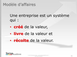 Modèle d’affaires
Une entreprise est un système
qui :
• créé de la valeur,
• livre de la valeur et
• récolte de la valeur.
© 2013 Davender Gupta - www.startupacademie.com –
Tous droits réservés 10
 