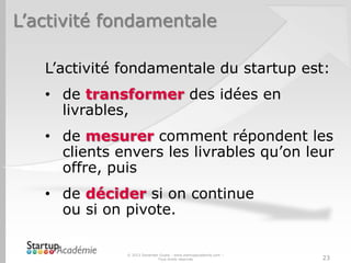L’activité fondamentale
L’activité fondamentale du startup est:
• de transformer des idées en
livrables,
• de mesurer comment répondent les
clients envers les livrables qu’on leur
offre, puis
• de décider si on continue
ou si on pivote.
© 2013 Davender Gupta - www.startupacademie.com –
Tous droits réservés 23
 