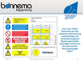 Kann der Prüfer
basierend auf der
statischen Berechnung
selbstständig und
verantwortungsvoll
Belastungsschilder
anfertigen und hat er
die technischen
Voraussetzungen
dafür?
06.09.2013 Copyright Bonnema Industrievertretungen 10
 