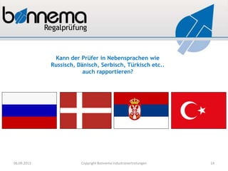Kann der Prüfer in Nebensprachen wie
Russisch, Dänisch, Serbisch, Türkisch etc..
auch rapportieren?
06.09.2013 Copyright Bonnema Industrievertretungen 14
 