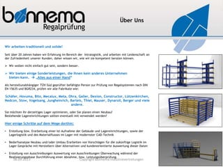 Wir arbeiten traditionell und solide!
Seit über 20 Jahren haben wir Erfahrung im Bereich der Intralogistik, und arbeiten mit Leidenschaft an
der Zufriedenheit unserer Kunden, daher wissen wir, wie wir sie kompetent beraten können.
 Wir wollen nicht einfach gut sein, sondern besser.
 Wir bieten einige Sonderleistungen, die Ihnen kein anderes Unternehmen
bieten kann.  „Alles aus einer Hand“
Als herstellunabhängiger TÜV-Süd geprüfter befähigte Person zur Prüfung von Regalsystemen nach DIN
EN 15635 und BGR234, prüfen wir alle Fabrikate wie:
Schäfer, Hovuma, Bito, Mecalux, Meta, Ohra, Galler, Dexion, Constructor, Lützenkirchen,
Nedcon, Stow, Vogelsang, Jungheinrich, Bartels, Thiel, Mauser, Dynaroll, Berger und viele
andere.
Sie möchten Ihr derzeitiges Lager optimieren, oder Sie planen einen Neubau?
Bestehende Lagereinrichtungen sollten eventuell mit verwendet werden?
Hier einige Schritte auf dem Wege dorthin:
• Erstellung bzw. Erarbeitung einer Ist-Aufnahme der Gebäude und Lagereinrichtungen, sowie der
Lagerlogistik und des Materialflusses im Lager mit modernster CAD-Technik
• Bedarfsanalyse Neubau und/oder Umbau Erarbeiten von Vorschlägen für die zukünftige Logistik im
Lager Gespräche mit Herstellern über Alternativen und kundenorientierte Auswertung dieser Daten
• Erstellung von Ausschreibungen Auswertung von Ausschreibungen Überwachung während der
Realisierungsphase Durchführung einer Abnahme, bzw. Leistungsüberprüfung.
Über Uns
06.09.2013 Copyright Bonnema Industrievertretungen 2
 