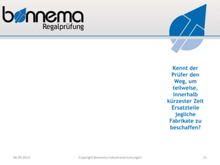 Kennt der
Prüfer den
Weg, um
teilweise,
innerhalb
kürzester Zeit
Ersatzteile
jegliche
Fabrikate zu
beschaffen?
06.09.2013 Copyright Bonnema Industrievertretungen 21
 