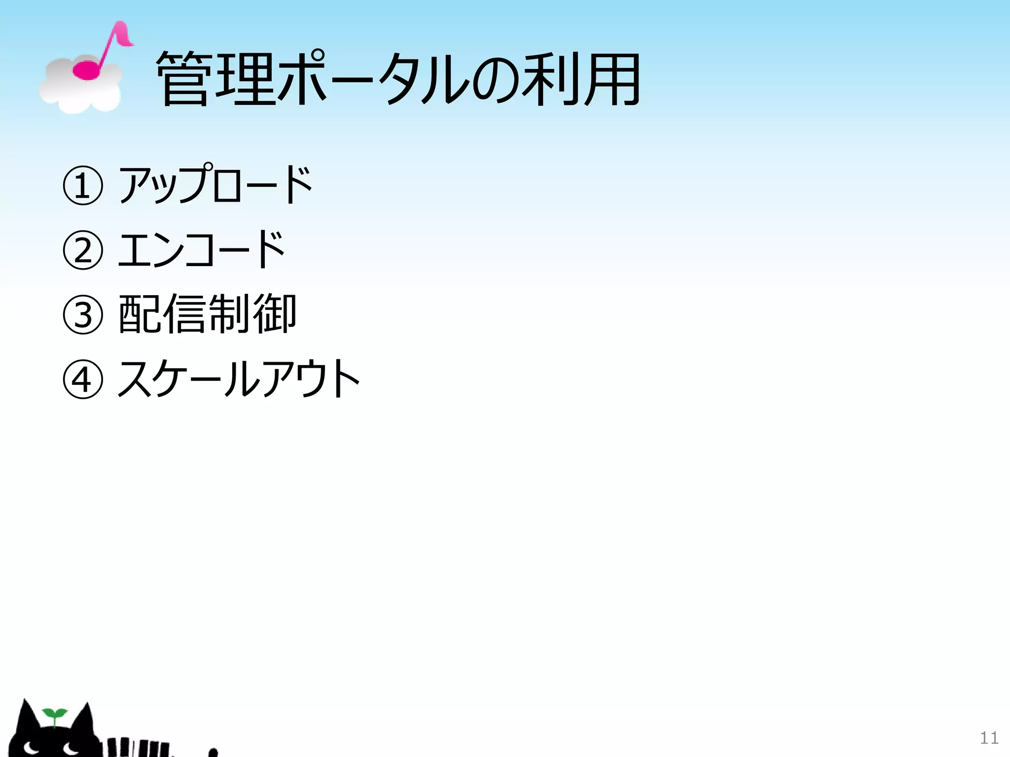 11
管理ポータルの利用
① アップロード
② エンコード
③ 配信制御
④ スケールアウト
 