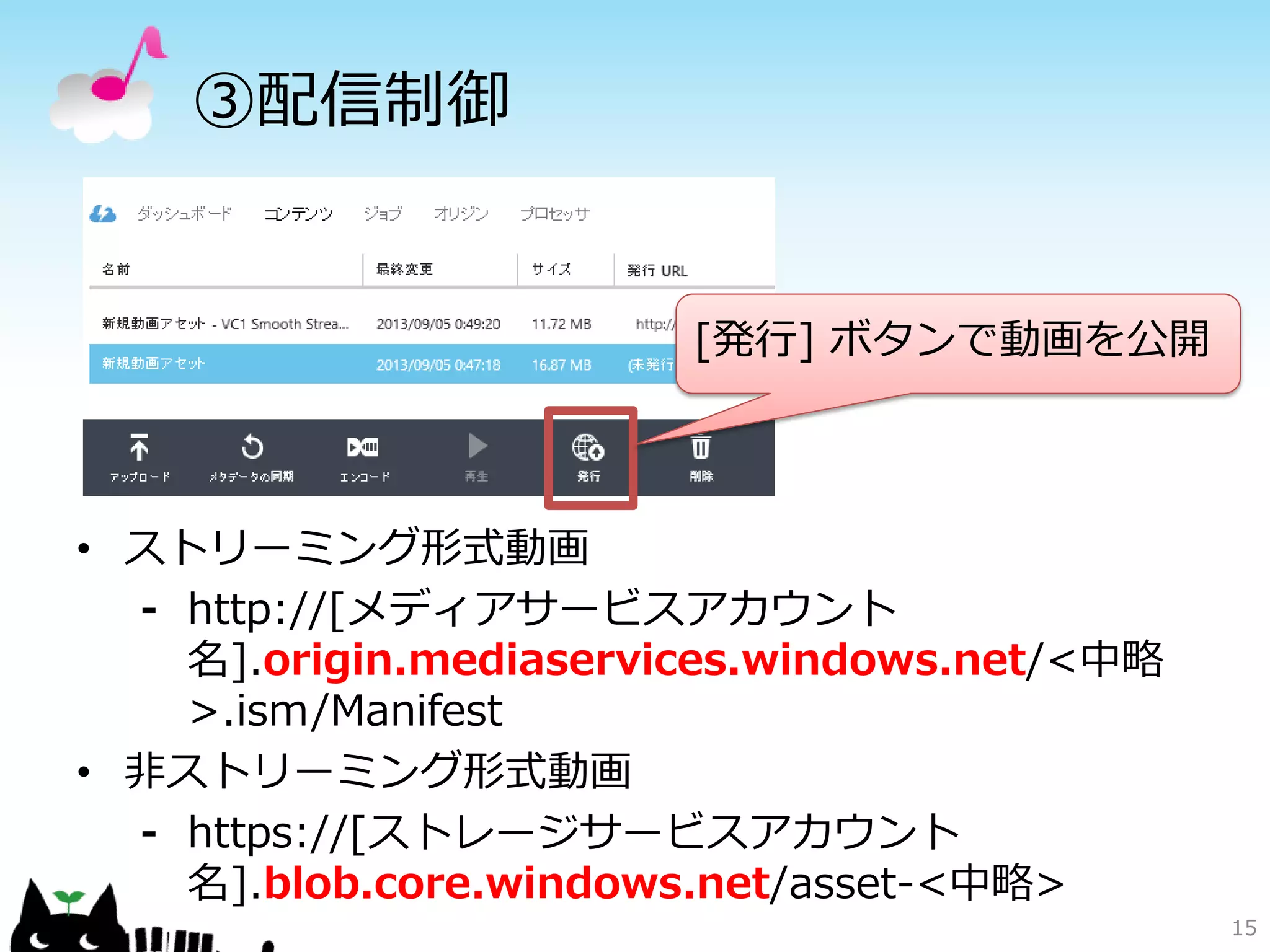③配信制御
15
• ストリーミング形式動画
⁃ http://[メディアサービスアカウント
名].origin.mediaservices.windows.net/<中略
>.ism/Manifest
• 非ストリーミング形式動画
⁃ https://[ストレージサービスアカウント
名].blob.core.windows.net/asset-<中略>
[発行] ボタンで動画を公開
 