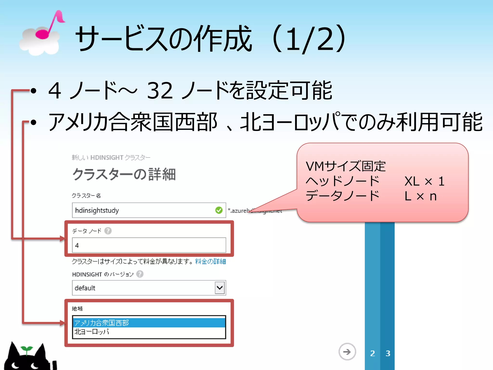 サービスの作成（1/2）
• 4 ノード～ 32 ノードを設定可能
• アメリカ合衆国西部 、北ヨーロッパでのみ利用可能
VMサイズ固定
ヘッドノード XL × 1
データノード L × n
 