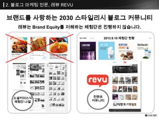 브랜드를 사랑하는 2030 스타일리시 블로그 커뮤니티
레뷰는 Brand Equity를 저해하는 체험단은 진행하지 않습니다.
소셜커머스식
체험단 나열
컨텐츠
커뮤니티
2013.9.10 체험단 현황
2. 블로그 마케팅 전문, 레뷰 REVU
 