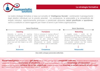 La strategia formativa
La nostra strategia formativa si basa sul concetto di “Intelligenza Sociale”, combinando il perseguimento
degli obiettivi individuali con le priorità aziendali. Le competenze, le potenzialità e la competitività del
singolo individuo, opportunamente promosse e canalizzate attraverso azioni pianificate e spontanee,
vanno a costituire un valore aggiunto per il team di lavoro e per l'intera organizzazione.
Azioni Pianificate Azioni Spontanee
Coaching Formazione Networking
Attraverso un percorso di coaching
individuale, si stimola il singolo a scoprire
ed esplorare le proprie potenzialità, a
coltivarle, allenarle e metterle in pratica
gratificandosi, per autorealizzarsi. “Prima
scopri cosa puoi fare meglio e poi offriti
per farlo”.
Come si comunica in maniera efficace?
Come funzionano le dinamiche in un
Team? Come si comporta un leader?
Queste ed altre competenze sono
strumenti fondamentali per sviluppare
efficacemente la propria “presenza
sociale” e mettere in atto le “potenzialità”
Il soggetto amplia i confini del Sé
sperimentando nel media “esperienze ottimali”
individuali e di gruppo -flow e networked flow-
che lo rendono consapevolmente “presente”
all’interno dell’ambiente tecnologico. Diventa
così possibile costituire una rete creativa
condividendo oggetti ed esperienze
Autonomia Competenza Relazionalità
Aree dello sviluppo personale sollecitate
“Social Intelligence (SI) is the ability to get along well with others, and to get them to cooperate with you. Sometimes referred to simplistically as
"people skills," SI includes an awareness of situations and the social dynamics that govern them, and a knowledge of interaction styles and
strategies that can help a person achieve his or her objectives in dealing with others. It also involves a certain amount of self-insight
and a consciousness of one's own perceptions and reaction patterns.” Karl Albrecht
 