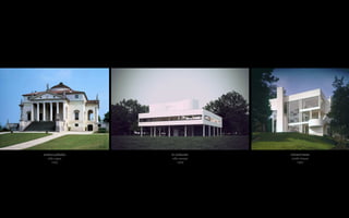 andrea palladio 
villa capra 
1592 
le corbusier 
ville savoye 
1929 
richard meier 
smith house 
1967 
 
