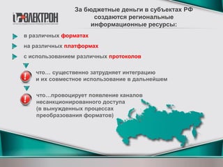 За бюджетные деньги в субъектах РФ
создаются региональные
информационные ресурсы:
в различных форматах
на различных платформах
с использованием различных протоколов
что… существенно затрудняет интеграцию
и их совместное использование в дальнейшем
что…провоцирует появление каналов
несанкционированного доступа
(в вынужденных процессах
преобразования форматов)
 