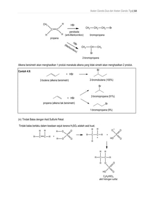 Ikatan Ganda Dua dan Ikatan Ganda Tiga| 68
Alkena bersimetri akan menghasilkan 1 produk manakala alkena yang tidak simetri akan menghasilkan 2 produk.
Contoh 4.9:
(iv) Tindak Balas dengan Asid Sulfurik Pekat
Tindak balas berlaku dalam keadaan sejuk kerana H2SO4 adalah asid kuat.
 