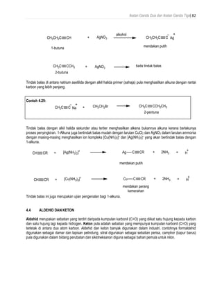 Ikatan Ganda Dua dan Ikatan Ganda Tiga| 82
Tindak balas di antara natrium asetilida dengan alkil halida primer (sahaja) pula menghasilkan alkuna dengan rantai
karbon yang lebih panjang.
Contoh 4.29:
Tindak balas dengan alkil halida sekunder atau tertier menghasilkan alkena bukannya alkuna kerana berlakunya
proses penyingkiran. 1-Alkuna juga bertindak balas mudah dengan larutan CuCl2 dan AgNO3 dalam larutan ammonia
dengan masing-masing menghasilkan ion kompleks [Cu(NH3)2]+ dan [Ag(NH3)2]+ yang akan bertindak balas dengan
1-alkuna.
Tindak balas ini juga merupakan ujian pengenalan bagi 1-alkuna.
4.4 ALDEHID DAN KETON
Aldehid merupakan sebatian yang terdiri daripada kumpulan karbonil (C=O) yang diikat satu hujung kepada karbon
dan satu hujung lagi kepada hidrogen. Keton pula adalah sebatian yang mempunyai kumpulan karbonil (C=O) yang
terletak di antara dua atom karbon. Aldehid dan keton banyak digunakan dalam industri, contohnya formaldehid
digunakan sebagai damar dan lapisan pelindung, sitral digunakan sebagai sebatian perisa, camphor (kapur barus)
pula digunakan dalam bidang perubatan dan sikloheksanon diguna sebagai bahan pemula untuk nilon.
 