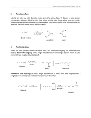 Ikatan Ganda Dua dan Ikatan Ganda Tiga| 85
b) Pembelahan alkena
c) Penghidratan alkuna
Aldehid dan keton disintesis melalui dua kaedah utama, iaitu penambahan langsung dan penambahan tidak
langsung. Penambahan langsung berlaku dengan menambahkan air dan dimangkin oleh ion merkuri (II) untuk
memperoleh hasil mengikut Hukum Markonikoff.
Penambahan tidak langsung pula berlaku dengan menambahkan air melalui tindak balas penghidroborana /
pengoksidaan untuk memperoleh hasil bukan mengikut Hukum Markonikoff.
1-hexyne
O
hexanal
BH3
BH2
BH2
H2O2
H2O, pH 8
CH
1-heksuna
heksanal
1-hexyne
H2O, H2SO4
HgSO4
OH O
an enol 2-hexanone
1-heksuna
alkenol 2-heksanon
C
CH3
CH3
1. O3
2. Zn, H3O+ O CH3CCH3
O
+
isopropylidenecyclohexane cyclohexanone acetone
1. O3
2. Zn, H3O+
2-methyl- 2-butene
C=O
H3C
H
O=C+
CH3
CH3
acetoneacetaldehyde
2-metil-2-butena
asetaldehid aseton
Aldehid dan keton juga boleh disediakan melalui pembelahan alkena. Ozon, O3 dilalukan ke aliran oksigen
menggunakan pelepasan elektrik bervoltan tinggi supaya bertindak balas dengan alkena pada suhu rendah.
Kitaran perantara melibatkan pengaliran ozon ke atas alkena menghasilkan ozonida primer, iaitu malozonida dan
kemudian malozonida dibelah menjadi aldehid atau keton.
 