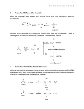 Ikatan Ganda Dua dan Ikatan Ganda Tiga| 88
iii. Penambahan HCN: Pembentukan sianohidrin
Aldehid dan unhindered (tidak tersekat) keton bertindak dengan HCN untuk menghasilkan sianohidrin
(RCH(OH)C≡N).
Sianohidrin adalah pengantara untuk menghasilkan sebatian amina primer atau asid karbosilik. Kaedah ini
cenderung dipilih untuk menukarkan aldehid dan keton kepada kumpulan berfungsi berlainan.
iv. Penambahan nukleofilik alkohol: Pembentukan asetal
Aldehid dan keton bertindak dengan alkohol dengan kehadiran asid (mangkin) untuk menghasilkan asetal, R2C(OR’)2
(ketal daripada keton). Dalam medium berasid, kereaktifan kumpulan karbonil ditingkatkan melalui pemprotonan dan
penambahan 2 molekul alkohol dan diikuti kehilangan molekul air
C O C O:-
C OH
H+
CN
-
:CN
CN
sianohidrin
O
ethanal
H
NaCN
HCl
CH3C
OH
CN
H
CH3C
OH
COOH
H
CH3C
OH
CH2NH2
H
acid-2-hydroxypropanoic
1-amino-2-propanol
[H]
H2O/H+
etanal
Asid-2-hidroksilpropanoik
R
O
H R-C
OR'
OR'
H
aldehyde
+ 2HOR'
H+
+ H2O
acetal
R
O
R R-C
OR'
OR'
R
ketone
+ 2HOR'
H+
+ H2O
acetal
aldehid
asetal
keton
asetal
 