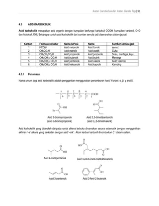 Ikatan Ganda Dua dan Ikatan Ganda Tiga| 91
4.5 ASID KARBOKSILIK
Asid karboksilik merupakan asid organik dengan kumpulan berfungsi karboksil COOH [kumpulan karbonil, C=O
dan hidroksil, OH]. Beberapa contoh asid karboksilik dari sumber semula jadi disenaraikan dalam jadual.
4.5.1 Penamaan
Nama umum bagi asid karboksilik adalah penggantian menggunakan penomboran huruf Yunani: α, β, γ and δ.
Asid karboksilik yang diperoleh daripada rantai alkena terbuka dinamakan secara sistematik dengan menggantikan
akhiran ‘–a’ alkana yang berkaitan dengan asid ‘–oik’. Atom karbon karbonil dinomborkan C1 dalam sistem.
Karbon Formula struktur Nama IUPAC Nama Sumber semula jadi
1 HCO2H Asid metanoik Asid formik semut
2 CH3CO2H Asid etanoik Asid asetik Cuka
3 CH3CH2CO2H Asid propanoik Asid propionik Susu, mentega, keju
4 CH3(CH2)2 CO2H Asid butanoik Asid butirik Mentega
5 CH3(CH2)3 CO2H Asid pentanoik Asid valerik Akar velerion
6 CH3(CH2)4 CO2H Asid heksanoik Asid kaproik Kambing
C COOHC C CC
 
123456
O
OH
Br
2-bromopropanoic acid
bromopropionic acid)
O
OH
2,3-dimethylpentanoic acid
 -dimethylvaleric acid)
Asid 2-bromopropanoik
(asid α-bromopropionik)
Asid 2,3-dimetilpentanoik
(asid α, β-dimetilvalerik)
O
OH
4-methylpentanoic acid
O
HO
O
OH
3-ethyl-6-methyloctanedioic acid
O
OH
3-pentenoic acid
O
OH
3-phenyl-2-butenoic acid
Asid 4-metilpentanoik Asid 3-etil-6-metil-metiloktanadioik
Asid 3-pentenoik Asid 3-fenil-2-butenoik
 