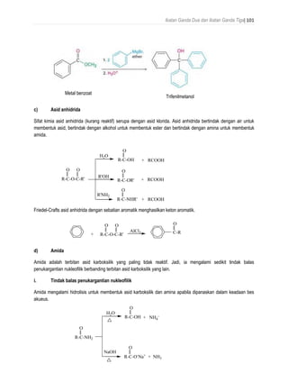 Ikatan Ganda Dua dan Ikatan Ganda Tiga| 101
c) Asid anhidrida
Sifat kimia asid anhidrida (kurang reaktif) serupa dengan asid klorida. Asid anhidrida bertindak dengan air untuk
membentuk asid, bertindak dengan alkohol untuk membentuk ester dan bertindak dengan amina untuk membentuk
amida.
Friedel-Crafts asid anhidrida dengan sebatian aromatik menghasilkan keton aromatik.
d) Amida
Amida adalah terbitan asid karboksilik yang paling tidak reaktif. Jadi, ia mengalami sedikit tindak balas
penukargantian nukleofilik berbanding terbitan asid karboksilik yang lain.
i. Tindak balas penukargantian nukleofilik
Amida mengalami hidrolisis untuk membentuk asid karboksilik dan amina apabila dipanaskan dalam keadaan bes
akueus.
R-C-OH
O
R-C-O-C-R'
O O
H2O
R'OH
R'NH2
+ RCOOH
+ RCOOH
+ RCOOH
R-C-OR'
O
R-C-NHR'
O
O
R-C-O-C-R'
O O
+
AlCl3 C-R
R-C-OH
O
R-C-NH2
O
H2O
+ NH3
+ NH4
-
R-C-O-
Na+
O
NaOH
Metal benzoat
Trifenilmetanol
 