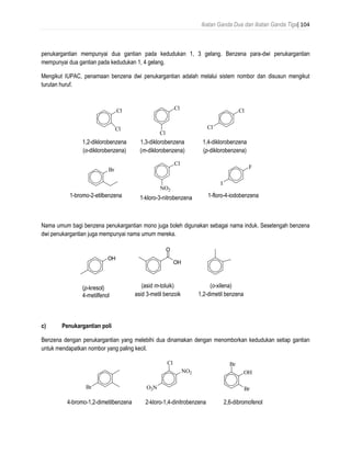 Ikatan Ganda Dua dan Ikatan Ganda Tiga| 104
penukargantian mempunyai dua gantian pada kedudukan 1, 3 gelang. Benzena para-dwi penukargantian
mempunyai dua gantian pada kedudukan 1, 4 gelang.
Mengikut IUPAC, penamaan benzena dwi penukargantian adalah melalui sistem nombor dan disusun mengikut
turutan huruf.
Nama umum bagi benzena penukargantian mono juga boleh digunakan sebagai nama induk. Sesetengah benzena
dwi penukargantian juga mempunyai nama umum mereka.
c) Penukargantian poli
Benzena dengan penukargantian yang melebihi dua dinamakan dengan menomborkan kedudukan setiap gantian
untuk mendapatkan nombor yang paling kecil.
(p-cresol)
4-methylphenol
(m-toluic acid)
3-methylbenzoic acid
(o-xylene)
1,2-dimethylbenzene
OH
OH
O
(asid m-toluik)
asid 3-metil benzoik
(o-xilena)
1,2-dimetil benzena
1,2-dichlorobenzene
(o-dichlorobenzene)
1,3-dichlorobenzene
(m-dichlorobenzene)
1,4-dichlorobenzene
(p-dichlorobenzene)
Cl
Cl
Cl
Cl
Cl
Cl
1-bromo-2-ethylbenzene 1-chloro-3-nitrobenzene 1-fluoro-4-iodobenzene
Br
Cl
NO2
I
F
1,2-diklorobenzena
(o-diklorobenzena)
1,3-diklorobenzena
(m-diklorobenzena)
1,4-diklorobenzena
(p-diklorobenzena)
1-bromo-2-etilbenzena 1-kloro-3-nitrobenzena 1-floro-4-iodobenzena
(p-kresol)
4-metilfenol
4-bromo-1,2-dimethylbenzene 2-chloro-1,4-dinitrobenzene 2,6-dibromophenol
Br
NO2
O2N
Cl Br
OH
Br
4-bromo-1,2-dimetilbenzena 2-kloro-1,4-dinitrobenzena 2,6-dibromofenol
 
