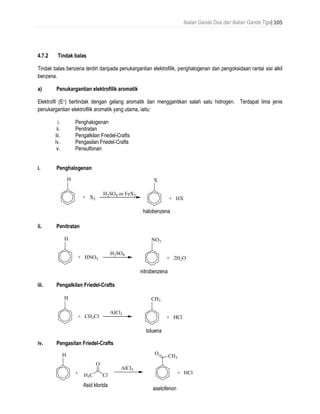 Ikatan Ganda Dua dan Ikatan Ganda Tiga| 105
4.7.2 Tindak balas
Tindak balas benzena terdiri daripada penukargantian elektrofilik, penghalogenan dan pengoksidaan rantai sisi alkil
benzena.
a) Penukargantian elektrofilik aromatik
Elektrofil (E+) bertindak dengan gelang aromatik dan menggantikan salah satu hidrogen. Terdapat lima jenis
penukargantian elektrofilik aromatik yang utama, iaitu:
i. Penghalogenan
ii. Penitratan
iii. Pengalkilan Friedel-Crafts
iv. Pengasilan Friedel-Crafts
v. Pensulfonan
i. Penghalogenan
ii. Penitratan
iii. Pengalkilan Friedel-Crafts
iv. Pengasilan Friedel-Crafts
+ X2
H2SO4 or FeX3
H X
+ HX
halobenzenehalobenzena
+ HNO3
H NO3
+ 2H2O
nitrobenzene
H2SO4
nitrobenzena
+ CH3Cl
H CH3
+ HCl
toluene
AlCl3
toluena
+
H
+ HCl
acetophenone
AlCl3
H3C Cl
O
CH3
O
asetofenon
Asid klorida
 