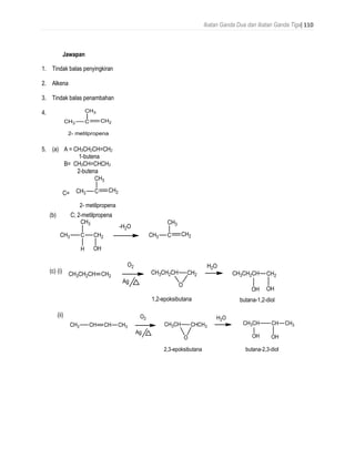 Ikatan Ganda Dua dan Ikatan Ganda Tiga| 110
Jawapan
1. Tindak balas penyingkiran
2. Alkena
3. Tindak balas penambahan
4.
5. (a) A = CH3CH2CH=CH2
1-butena
B= CH3CH=CHCH3
2-butena
C=
(b) C; 2-metilpropena
(c) (i)
(ii)
 