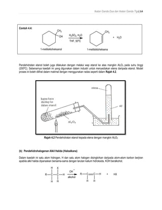 Ikatan Ganda Dua dan Ikatan Ganda Tiga| 64
Contoh 4.4:
Pendehidratan etanol boleh juga dilakukan dengan melalui wap etanol ke atas mangkin Al2O3 pada suhu tinggi
(200ºC). Sebenarnya kaedah ini yang digunakan dalam industri untuk menyediakan etena daripada etanol. Model
proses ini boleh dilihat dalam makmal dengan menggunakan radas seperti dalam Rajah 4.2.
Rajah 4.2 Pendehidratan etanol kepada etena dengan mangkin Al2O3
(b) Pendehidrohalogenan Alkil Halida (Haloalkana)
Dalam kaedah ini satu atom hidrogen, H dan satu atom halogen disingkirkan daripada atom-atom karbon berjiran
apabila alkil halida dipanaskan bersama-sama dengan larutan kalium hidroksida, KOH beralkohol;
 