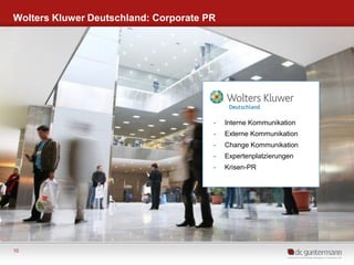 Wolters Kluwer Deutschland: Corporate PR

-

Externe Kommunikation

-

Change Kommunikation

-

Expertenplatzierungen

-

10

Interne Kommunikation

Krisen-PR

 