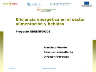 11/09/2013 1www.escansa.com
Eficiencia energética en el sector
alimentación y bebidas
Proyecto GREENFOODS
Francisco Puente
Escan,s.l. consultores
Director Proyectos
 