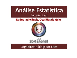 Análise Estatística
(Jornadas 1 a 3)
Jogodirecto.blogspot.com
Dados Individuais, Ocasiões de Golo
 