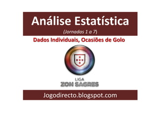 Análise Estatística
(Jornadas 1 a 7)

Dados Individuais, Ocasiões de Golo

Jogodirecto.blogspot.com

 