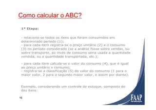 16
Detalhamento de cálculo
(Fonte: SEBRAE)
- para cada item calcula-se o valor do consumo (4), que é igual
ao preço unitário x consumo;
- registra-se a classificação (5) do valor do consumo (1 para o
maior valor, 2 para o segundo maior valor, e assim por diante).
Exemplo, considerando um controle de estoque, composto de
dez itens:
1ª Etapa:
- relaciona-se todos os itens que foram consumidos em
determinado período (1);
- para cada item registra-se o preço unitário (2) e o consumo
(3) no período considerado (se a análise fosse sobre vendas, ou
sobre transporte, ao invés de consumo seria usada a quantidade
vendida, ou a quantidade transportada, etc.);
Como calcular o ABC?
 