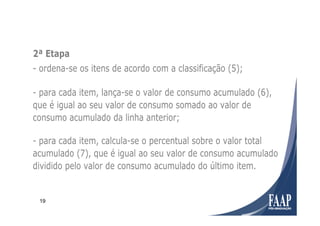 19
- para cada item, lança-se o valor de consumo acumulado (6),
que é igual ao seu valor de consumo somado ao valor de
consumo acumulado da linha anterior;
- para cada item, calcula-se o percentual sobre o valor total
acumulado (7), que é igual ao seu valor de consumo acumulado
dividido pelo valor de consumo acumulado do último item.
2ª Etapa
- ordena-se os itens de acordo com a classificação (5);
 
