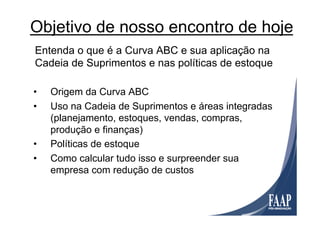 Entenda o que é a Curva ABC e sua aplicação na
Cadeia de Suprimentos e nas políticas de estoque
•  Origem da Curva ABC
•  Uso na Cadeia de Suprimentos e áreas integradas
(planejamento, estoques, vendas, compras,
produção e finanças)
•  Políticas de estoque
•  Como calcular tudo isso e surpreender sua
empresa com redução de custos
Objetivo de nosso encontro de hoje
 