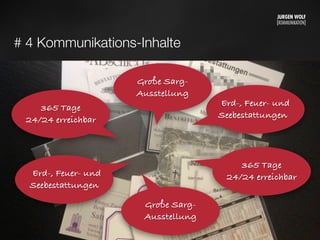 # 4 Kommunikations-Inhalte
Erd-, Feuer- und
Seebestattungen
365 Tage
24/24 erreichbar
Große Sarg-
Ausstellung
Erd-, Feuer- und
Seebestattungen
Große Sarg-
Ausstellung
365 Tage
24/24 erreichbar
Mittwoch, 11. September 13
 