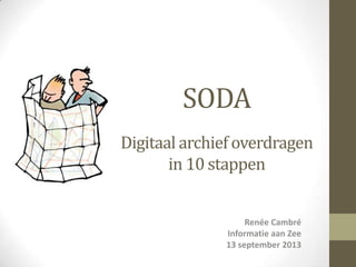 SODA
Digitaal archief overdragen
in 10 stappen
Renée Cambré
Informatie aan Zee
13 september 2013
 