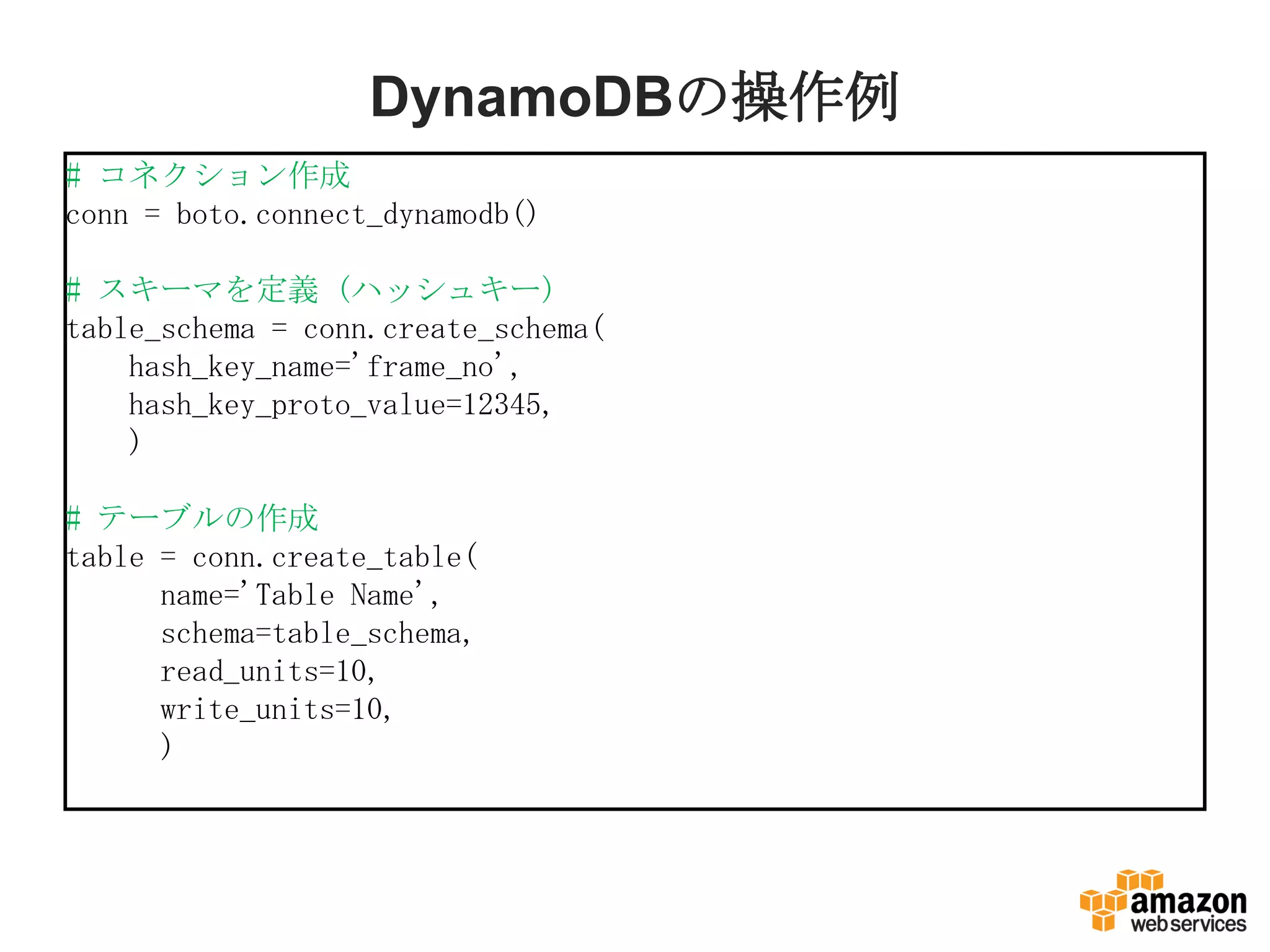 DynamoDBの操作例
# コネクション作成
conn = boto.connect_dynamodb()
# スキーマを定義 (ハッシュキー)
table_schema = conn.create_schema(
hash_key_name='frame_no',
hash_key_proto_value=12345,
)
# テーブルの作成
table = conn.create_table(
name='Table Name',
schema=table_schema,
read_units=10,
write_units=10,
)
 