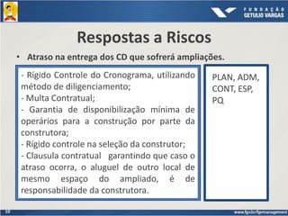 10
- Rígido Controle do Cronograma, utilizando
método de diligenciamento;
- Multa Contratual;
- Garantia de disponibilização mínima de
operários para a construção por parte da
construtora;
- Rígido controle na seleção da construtor;
- Clausula contratual garantindo que caso o
atraso ocorra, o aluguel de outro local de
mesmo espaço do ampliado, é de
responsabilidade da construtora.
PLAN, ADM,
CONT, ESP,
PQ
Respostas a Riscos
• Atraso na entrega dos CD que sofrerá ampliações.
 