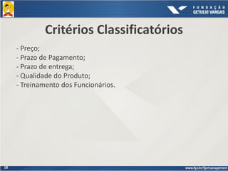 18
Critérios Classificatórios
- Preço;
- Prazo de Pagamento;
- Prazo de entrega;
- Qualidade do Produto;
- Treinamento dos Funcionários.
 