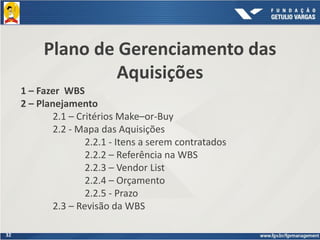 32
Plano de Gerenciamento das
Aquisições
1 – Fazer WBS
2 – Planejamento
2.1 – Critérios Make–or-Buy
2.2 - Mapa das Aquisições
2.2.1 - Itens a serem contratados
2.2.2 – Referência na WBS
2.2.3 – Vendor List
2.2.4 – Orçamento
2.2.5 - Prazo
2.3 – Revisão da WBS
 