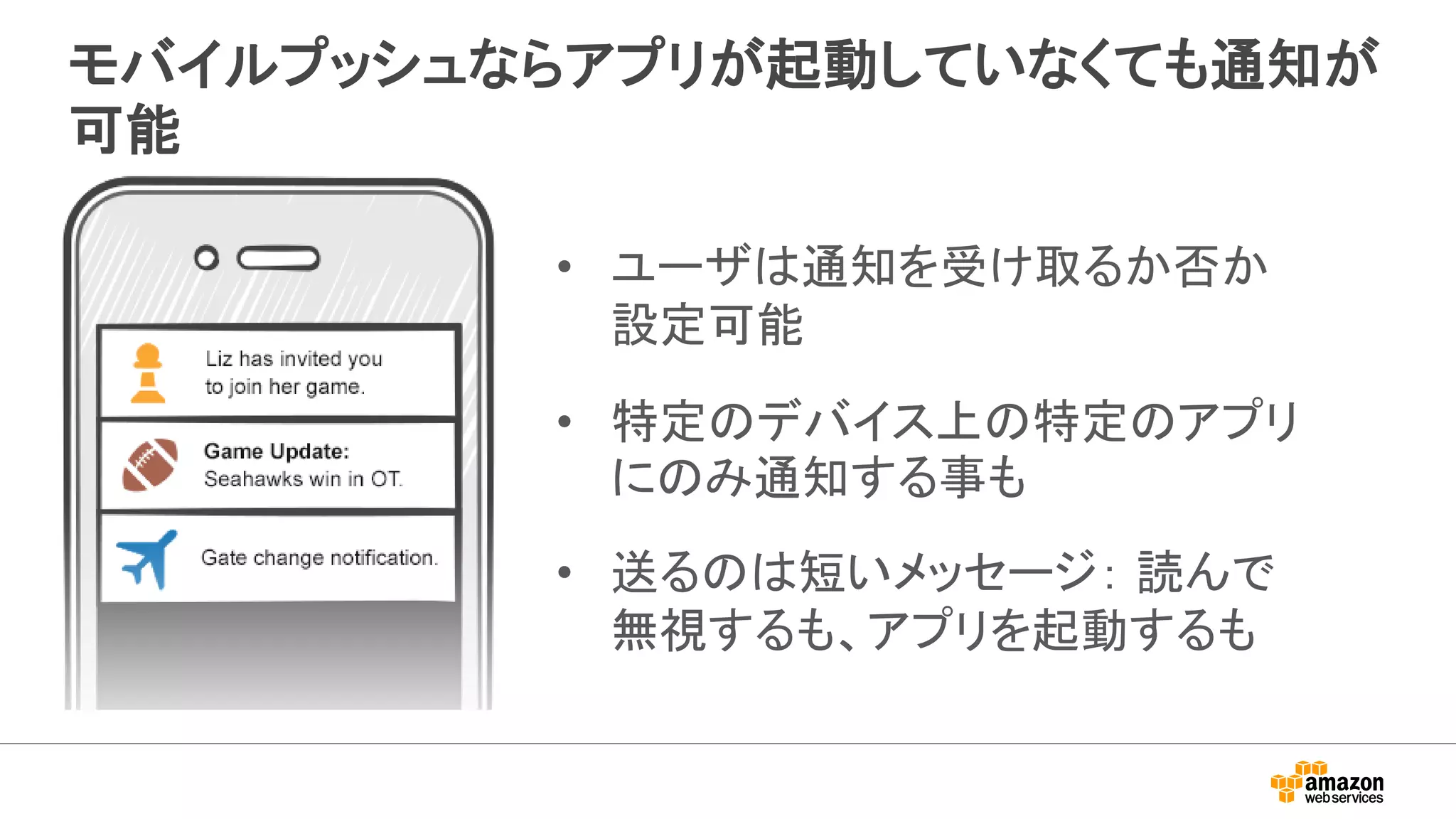 モバイルプッシュならアプリが起動していなくても通知が
可能
• ユーザは通知を受け取るか否か
設定可能
• 特定のデバイス上の特定のアプリ
にのみ通知する事も
• 送るのは短いメッセージ： 読んで
無視するも、アプリを起動するも
 