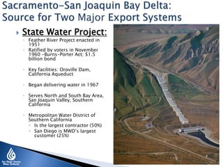 State Water Project:
◦ Feather River Project enacted in
1951
◦ Ratified by voters in November
1960 -Burns-Porter Act; $1.5
billion bond
◦ Key facilities: Oroville Dam,
California Aqueduct
◦ Began delivering water in 1967
◦ Serves North and South Bay Area,
San Joaquin Valley, Southern
California
◦ Metropolitan Water District of
Southern California
 Is the largest contractor (50%)
 San Diego is MWD’s largest
customer (25%)
3
 
