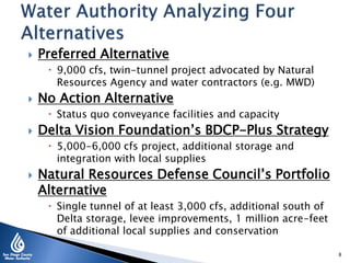  Preferred Alternative
 9,000 cfs, twin-tunnel project advocated by Natural
Resources Agency and water contractors (e.g. MWD)
 No Action Alternative
 Status quo conveyance facilities and capacity
 Delta Vision Foundation’s BDCP-Plus Strategy
 5,000-6,000 cfs project, additional storage and
integration with local supplies
 Natural Resources Defense Council’s Portfolio
Alternative
 Single tunnel of at least 3,000 cfs, additional south of
Delta storage, levee improvements, 1 million acre-feet
of additional local supplies and conservation
8
 