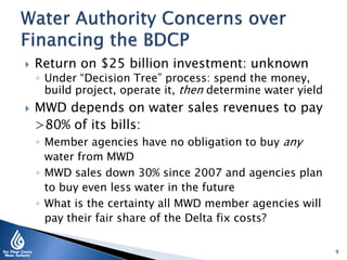  Return on $25 billion investment: unknown
◦ Under “Decision Tree” process: spend the money,
build project, operate it, then determine water yield
 MWD depends on water sales revenues to pay
>80% of its bills:
◦ Member agencies have no obligation to buy any
water from MWD
◦ MWD sales down 30% since 2007 and agencies plan
to buy even less water in the future
◦ What is the certainty all MWD member agencies will
pay their fair share of the Delta fix costs?
9
 