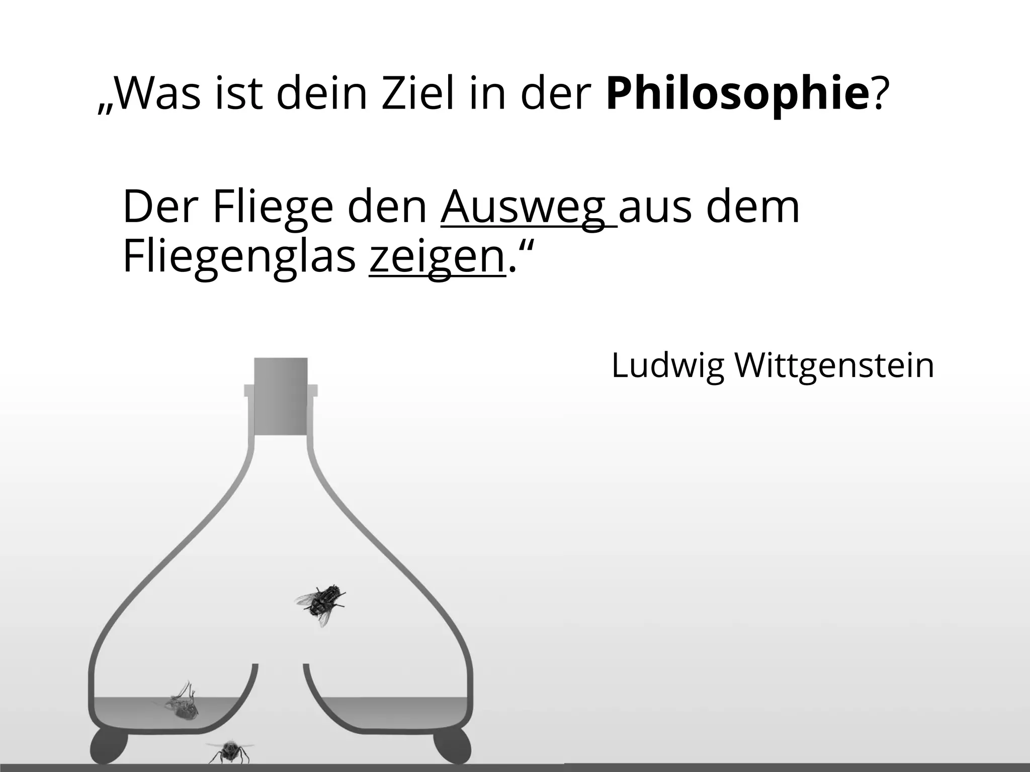 „Was ist dein Ziel in der Philosophie?
Der Fliege den Ausweg aus dem
Fliegenglas zeigen.“
Ludwig Wittgenstein

 