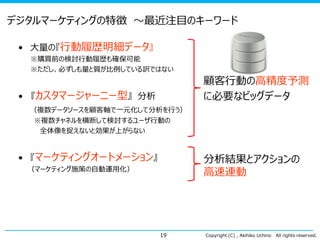 Copyright (C) , Akihiko Uchino All rights reserved.
デジタルマーケティングの特徴 ～最近注目のキーワード
• 大量の『行動履歴明細データ』
※購買前の検討行動履歴も確保可能
※ただし、必ずしも量と質が比例している訳ではない
• 『カスタマージャーニー型』 分析
（複数データソースを顧客軸で一元化して分析を行う）
※複数チャネルを横断して検討するユーザ行動の
全体像を捉えないと効果が上がらない
• 『マーケティングオートメーション』
（マーケティング施策の自動運用化）
19
顧客行動の高精度予測
に必要なビッグデータ
分析結果とアクションの
高速連動
 