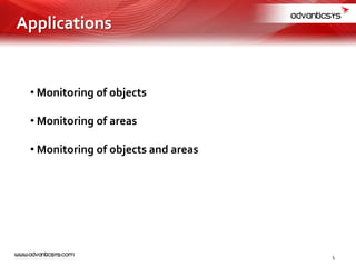 • Monitoring of objects
• Monitoring of areas
• Monitoring of objects and areas
Applications
5
 