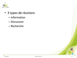2013-09-19 Facilitez-vous la vie ! 11
• 3 types de réunions
– Information
– Discussion
– Recherche
 